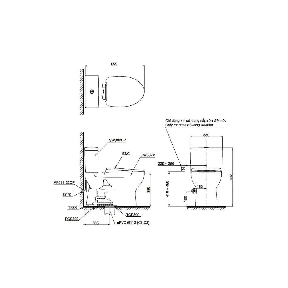 Bàn cầu 2 khối CS302DW11#W | Thiết Bị Vệ Sinh TOTO