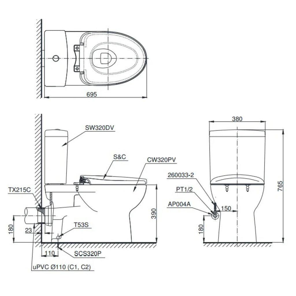 CS320PDRT3#W - Bàn cầu hai khối