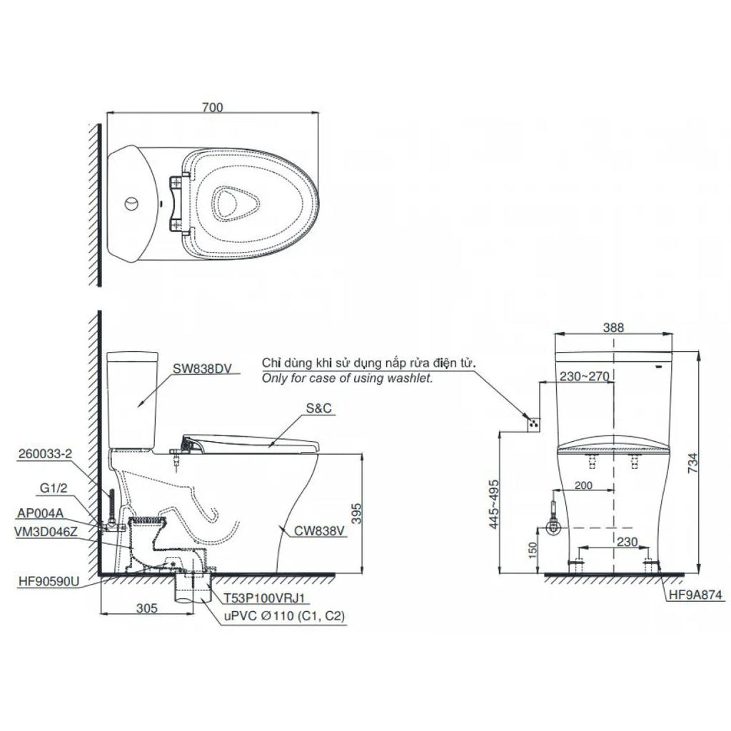 CS838DT2#XW - Bàn cầu hai khối