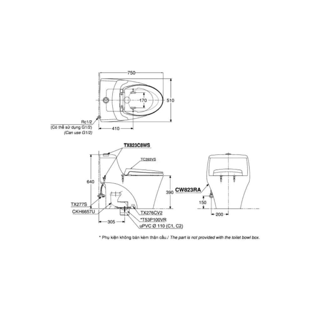 Cw823Rat2#W T53P100Vr Bàn Cầu Một Khối