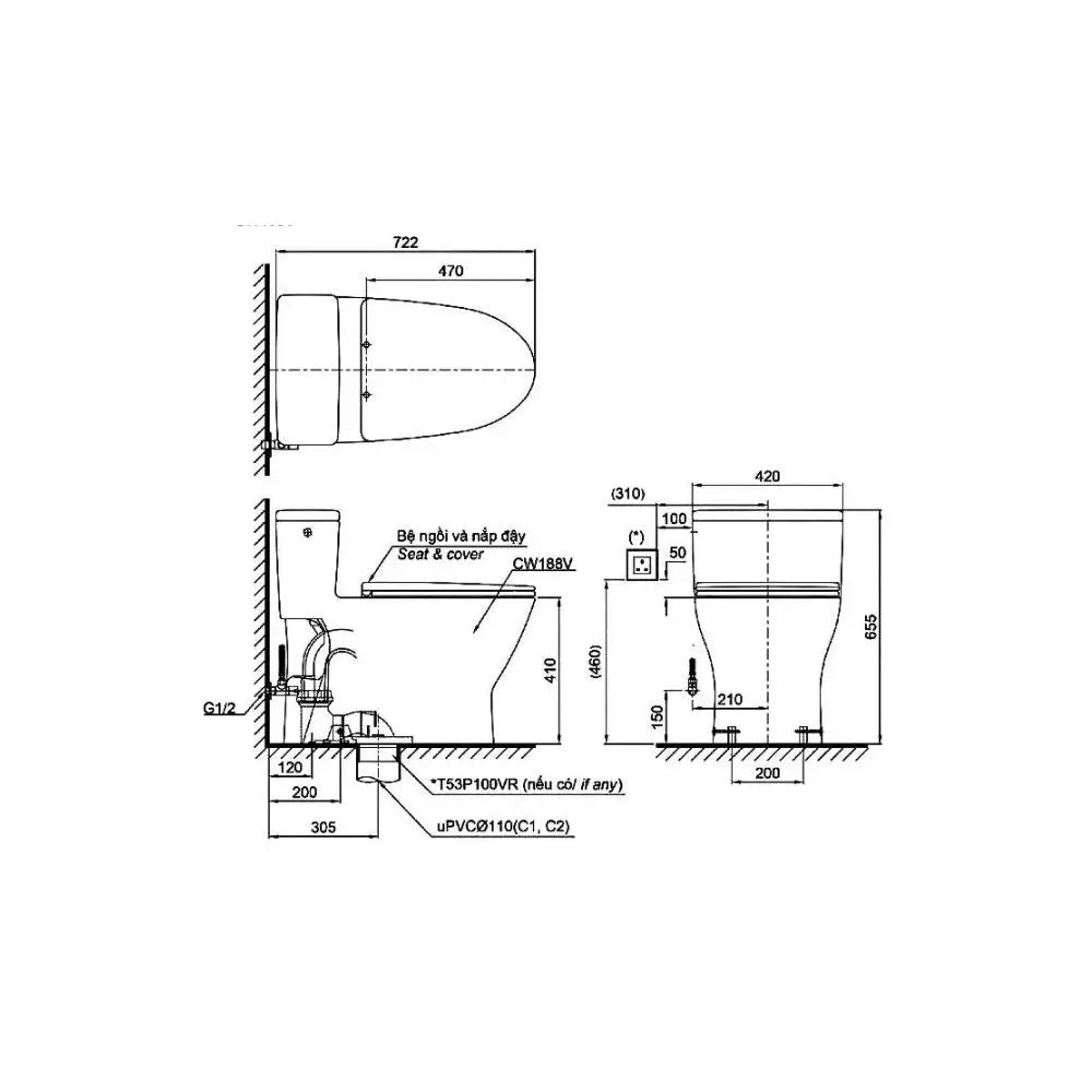 Bàn cầu 1 khối MS188VKW6#XW T53P100VR T53P100VR | Thiết Bị Vệ Sinh TOT…