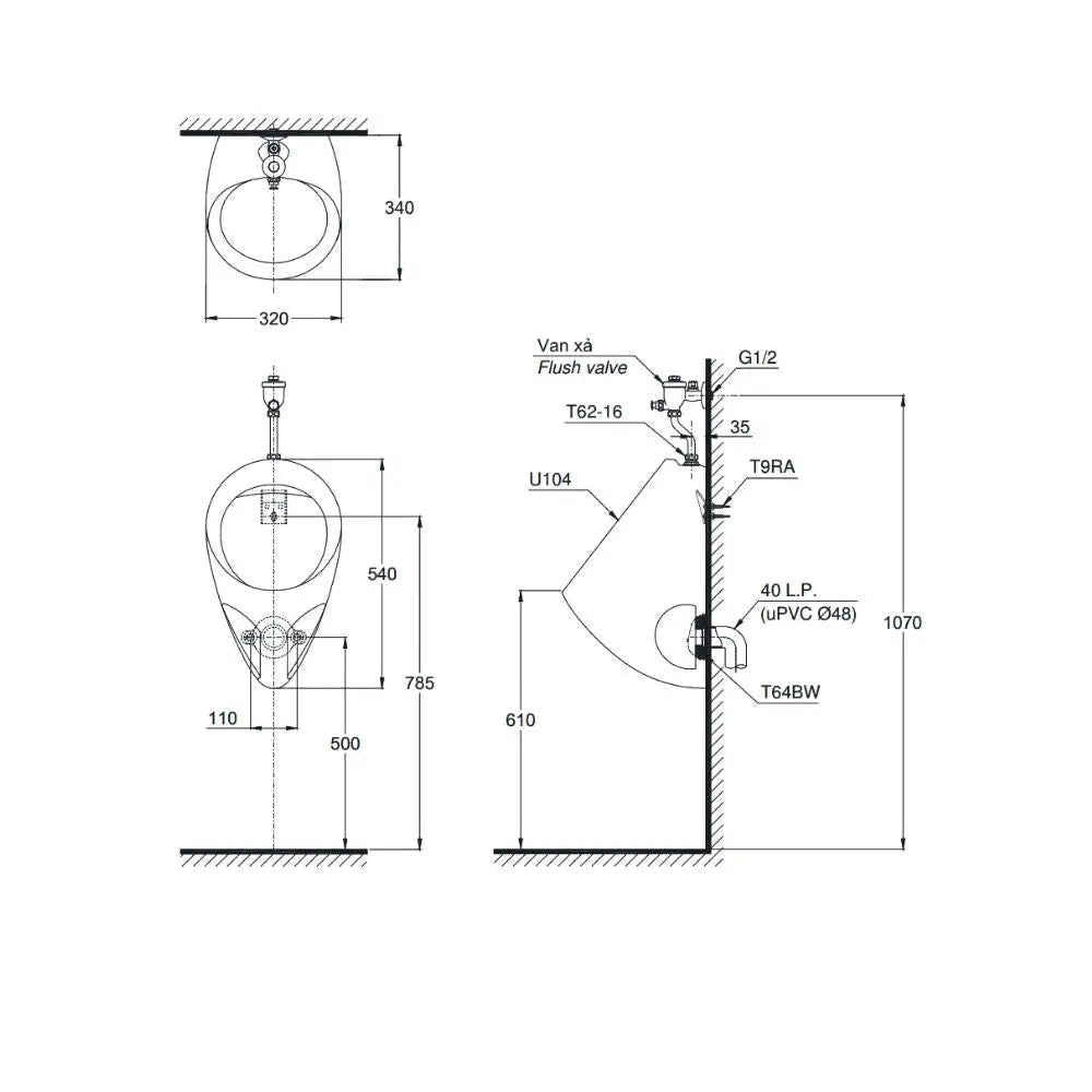 Tiểu nam treo tường U104W/F#W DUE110PSK | Thiết Bị Vệ Sinh TOTO
